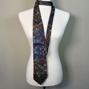 VTG Morgan Hart 100% Silk Made in USA Blue/Brown Floral Paisley Plaid Tie